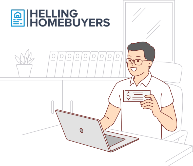 Illustration of Andrew Helling, a cash homebuyer in Omaha and the founder of Helling Homebuyers, holding a check and a laptop