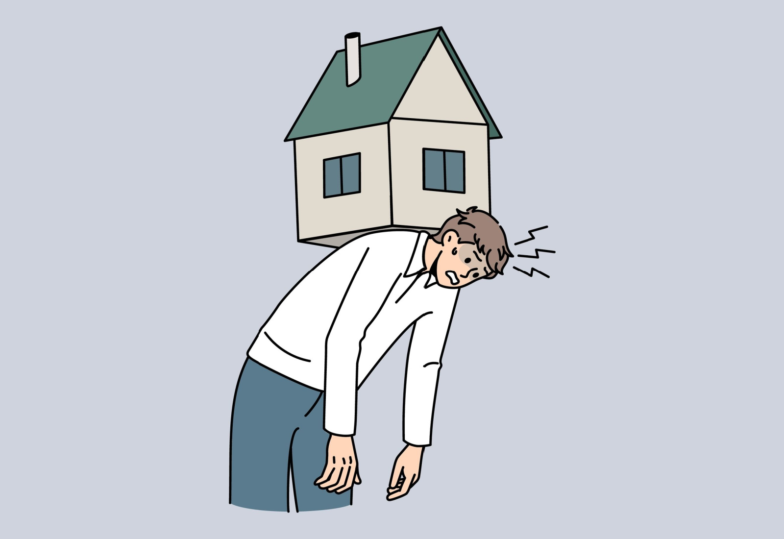 Man tired from being a landlord symbolized by a house on his back and struggling until he figures out how to sell his house fast for cash in Omaha